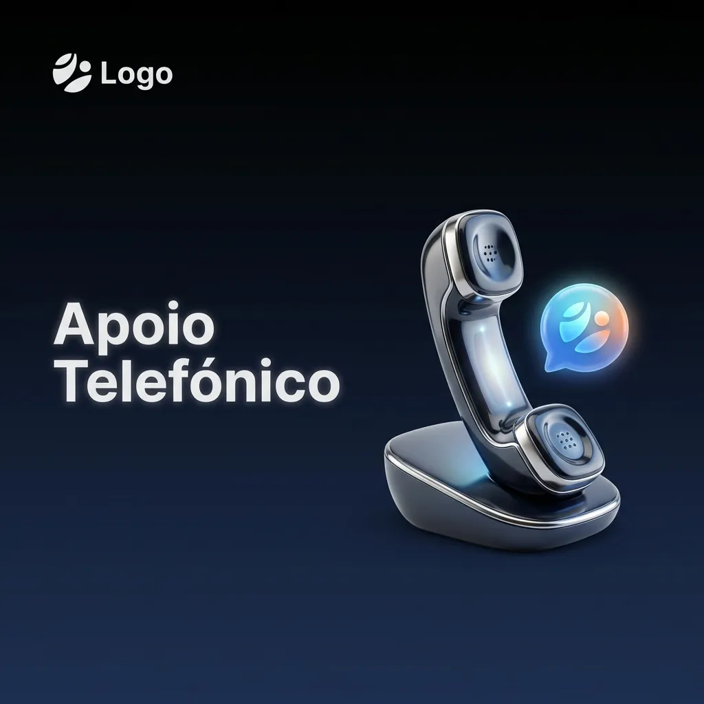 Ícone de apoio telefónico com telefone e texto “Linha de ajuda: +244 XXX XXX XXX” para contacto urgente com atendimento.