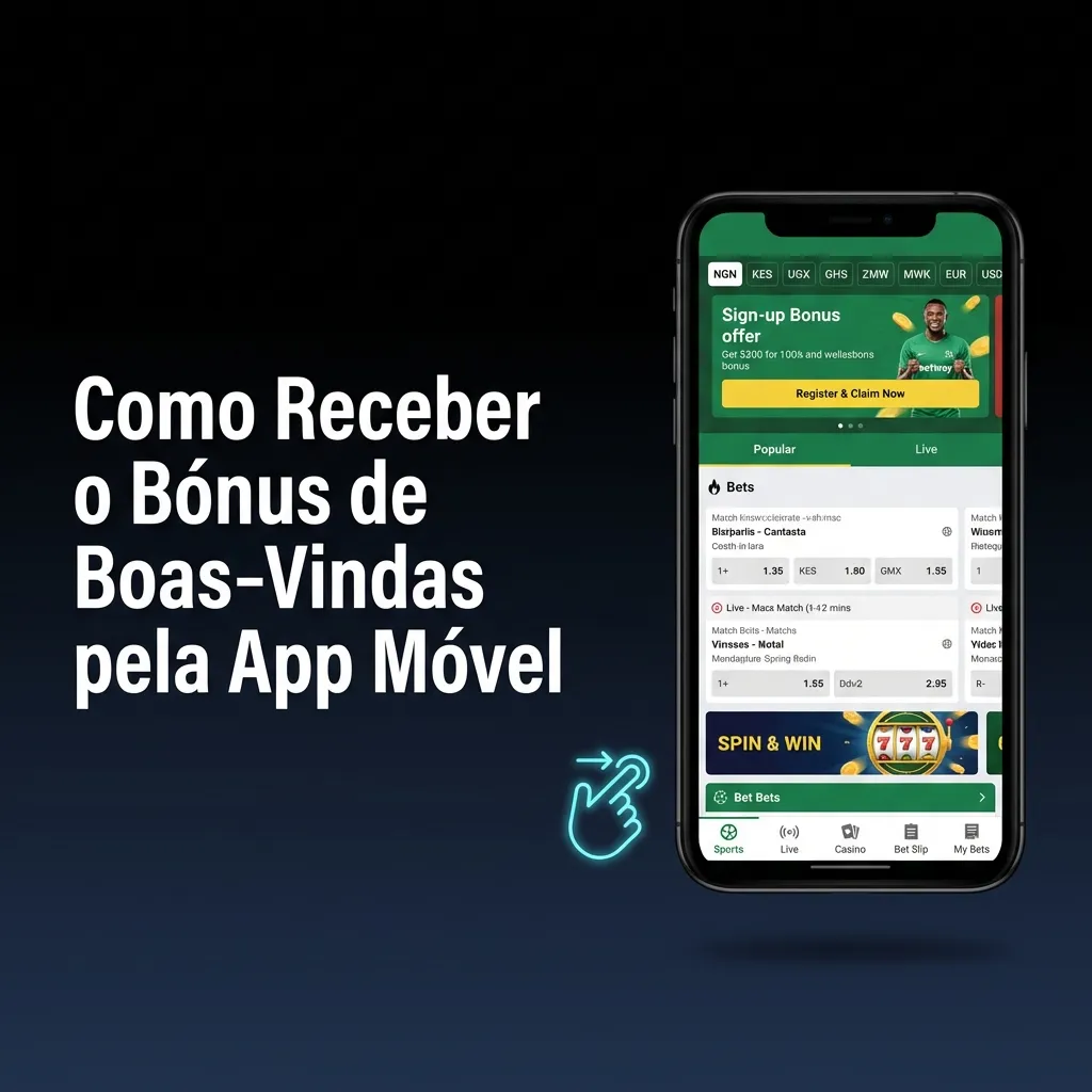Ecrã de smartphone com app de apostas aberta, mostrando passo a passo para ativar o bónus de boas‑vindas móvel