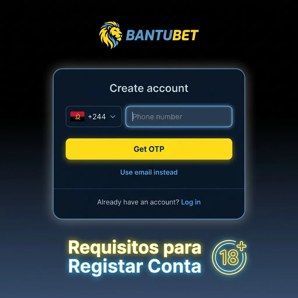 Ecrã de registo online em português listando requisitos legais e pessoais para criar conta de jogo responsável em Angola