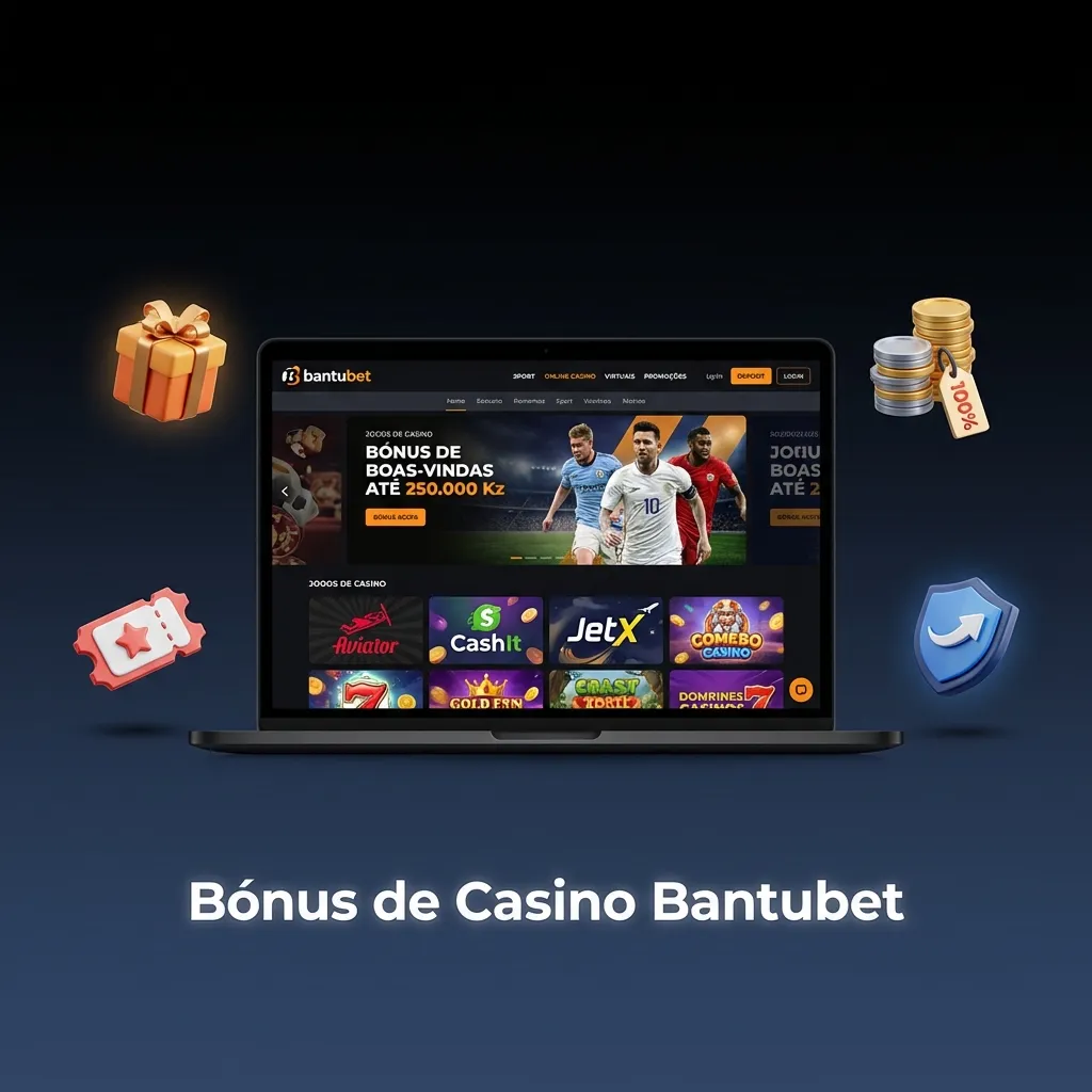 Banner promocional Bantubet Casino com destaque para bónus de boas-vindas, recarga, rodadas grátis e cashback