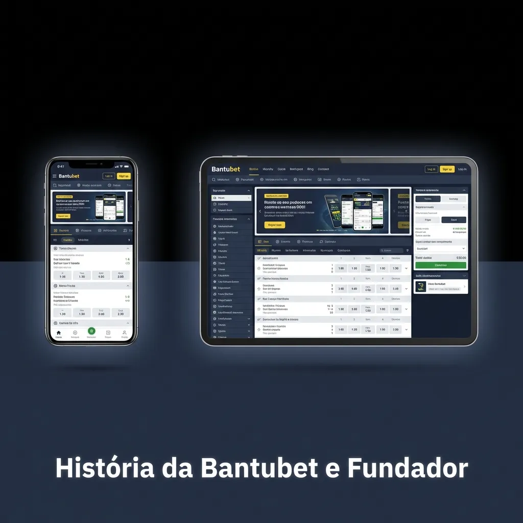 Ilustração da história da Bantubet com fundador João Manuel Baptista e sede em Luanda ao fundo