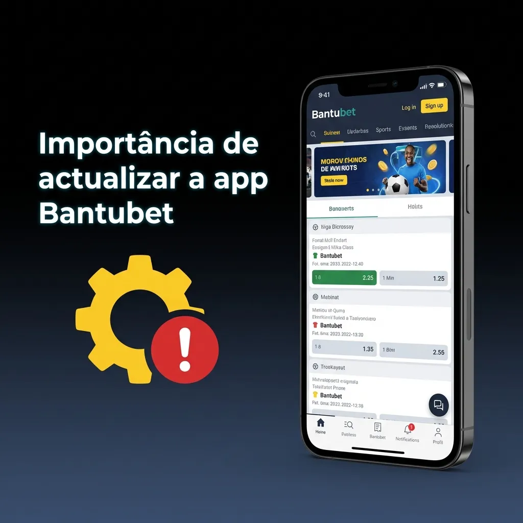 Ecrã de smartphone mostrando a app Bantubet com alerta de atualização e ícones de segurança, bónus e métodos de pagamento