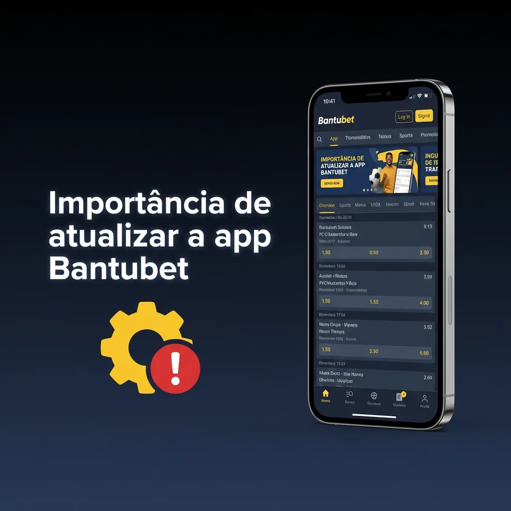 Tela de smartphone exibindo a app Bantubet com alerta de atualização e ícones de apostas, casino e segurança