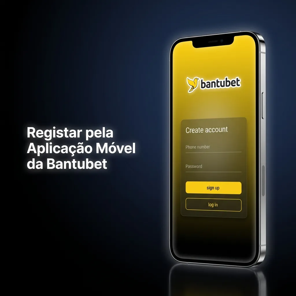 Ecrã de smartphone mostrando a app Bantubet com opção “Registar” destacada e passos de criação de conta móvel.